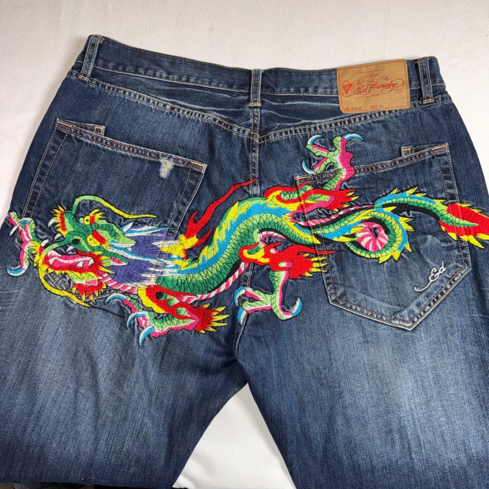 Ed Hardy Mens Dragon Embroidered Jeans Blue Denim 40x32 Y2K Christian Audigier